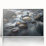 Framed acrylic wall art showcasing a vibrant landscape design featuring striking rocks and natural elements, presented in a sleek white frame for modern decor.