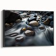 Framed canvas wall art featuring a scenic landscape of rock formations, showcasing vibrant colors and intricate details, set against a sleek black frame. Perfect for modern home decor.