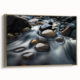 Framed canvas wall art showcasing a serene landscape with rocky formations and gold accents, set against a neutral backdrop, enhancing modern decor styles.