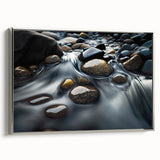 Framed canvas artwork featuring a stunning landscape with textured rocks, elegantly displayed in a silver frame, perfect for enhancing modern home decor.