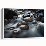 Framed wall art showcasing a serene landscape with rocks and natural elements, featuring a white border, ideal for adding elegance to home decor.