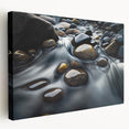 Stretched canvas artwork showcasing a detailed landscape design featuring rocks and natural elements, perfect for modern home decor. The side view highlights the depth and texture of the piece, ideal for enhancing interior aesthetics.