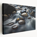 Stretched canvas artwork showcasing a detailed landscape design featuring rocks and natural elements, perfect for modern home decor. The side view highlights the depth and texture of the piece, ideal for enhancing interior aesthetics.
