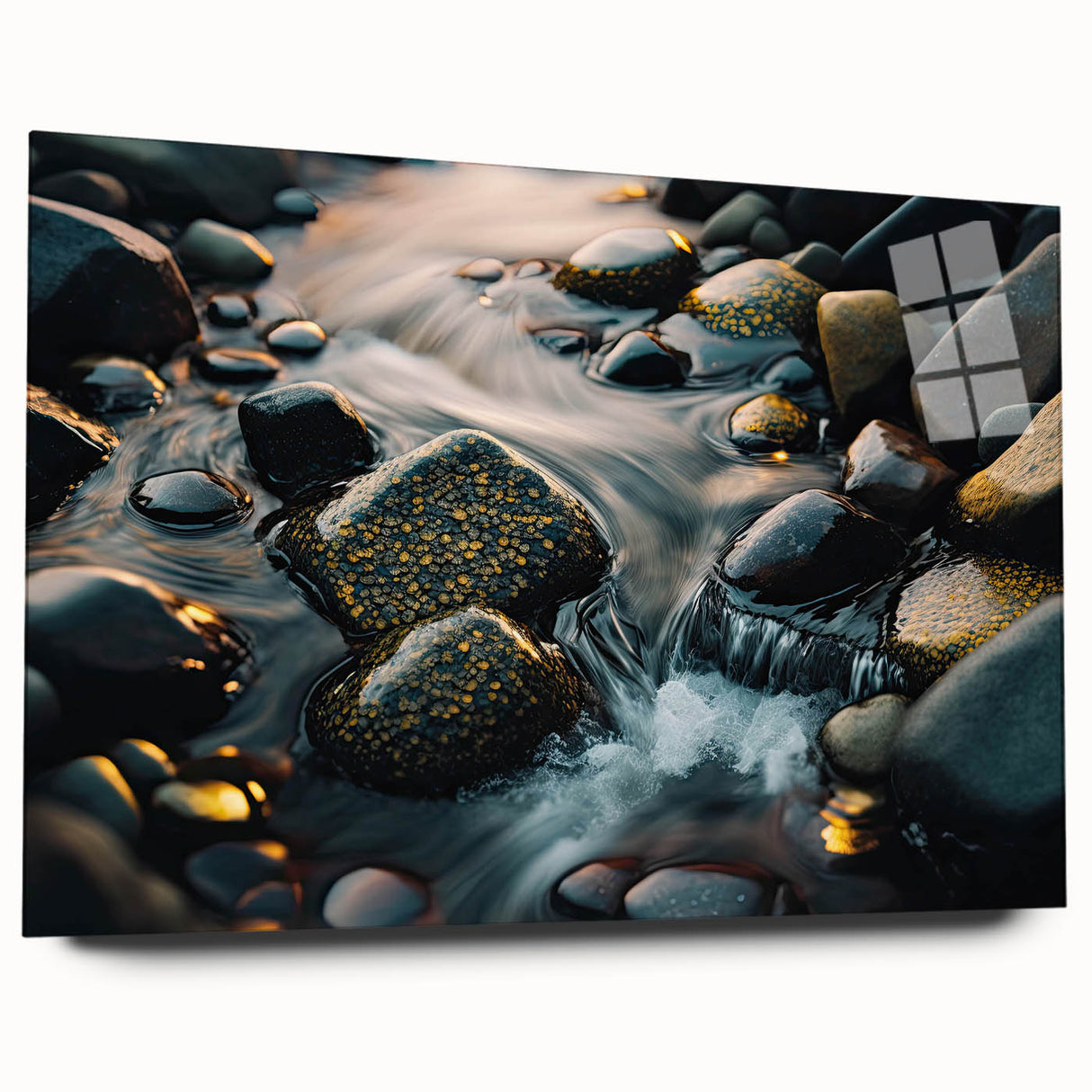 Acrylic glass wall art showcasing a vibrant landscape design featuring colorful rock formations and serene natural elements, presented without pins for a sleek side view display. Ideal for modern home decor and art enthusiasts.