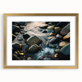 Framed wall art featuring a serene landscape design with rocky cliffs and vibrant colors, elegantly bordered by a gold mat, ideal for enhancing home decor.