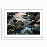 Framed wall art featuring a vibrant landscape design with rocks and greenery, presented in a sleek white mat and frame, perfect for modern home decor.