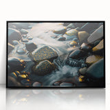 Framed acrylic wall art featuring a striking landscape design with rocky formations, presented in a sleek black frame, ideal for modern home decor.