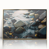 Framed wall art featuring a stunning landscape design with rocky formations and a gold-accented acrylic front, perfect for modern home decor. The vibrant colors and intricate details enhance any living space, creating a captivating focal point.