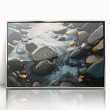 Framed acrylic wall art featuring a stunning landscape design with rocks and natural elements, showcasing a contemporary silver frame, ideal for modern decor.