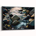 Framed black canvas wall art showcasing a serene landscape with bold rocks and vibrant colors, designed to enhance modern decor in living spaces.