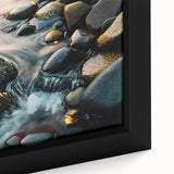Close-up of a framed canvas wall art piece showcasing a stunning landscape design featuring textured rocks and vibrant colors, perfect for modern decor.
