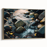 Framed canvas wall art showcasing a stunning landscape design with rocks and golden accents, perfect for modern home decor. The side view highlights the elegant frame and textured details.