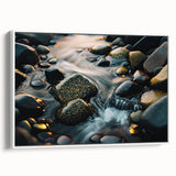 Framed canvas wall art showcasing a serene landscape with rocky formations, featuring a white frame that enhances the artwork's depth and elegance. Perfect for modern home decor.