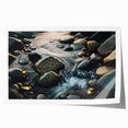 Rolled print of a serene landscape featuring rugged rocks and natural greenery, designed for wall art display, showcasing earthy tones and artistic detail. Perfect for enhancing home decor with a touch of nature-inspired elegance.
