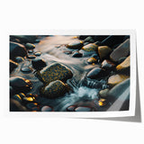 Rolled print of a serene landscape featuring rugged rocks and natural greenery, designed for wall art display, showcasing earthy tones and artistic detail. Perfect for enhancing home decor with a touch of nature-inspired elegance.