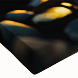 Close-up of a stretched canvas wall art piece featuring a vibrant landscape design with textured rocks and earthy tones, ideal for modern home decor.