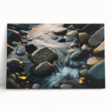 Stretched canvas artwork showcasing a captivating landscape design with rugged rocks and natural hues, elegantly leaning against a wall, ideal for home decor.