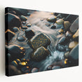 Stretched canvas wall art showcasing a vibrant landscape with textured rocks, perfect for home decor, featuring rich colors and intricate details in a side view.