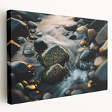 Stretched canvas wall art showcasing a vibrant landscape with textured rocks, perfect for home decor, featuring rich colors and intricate details in a side view.