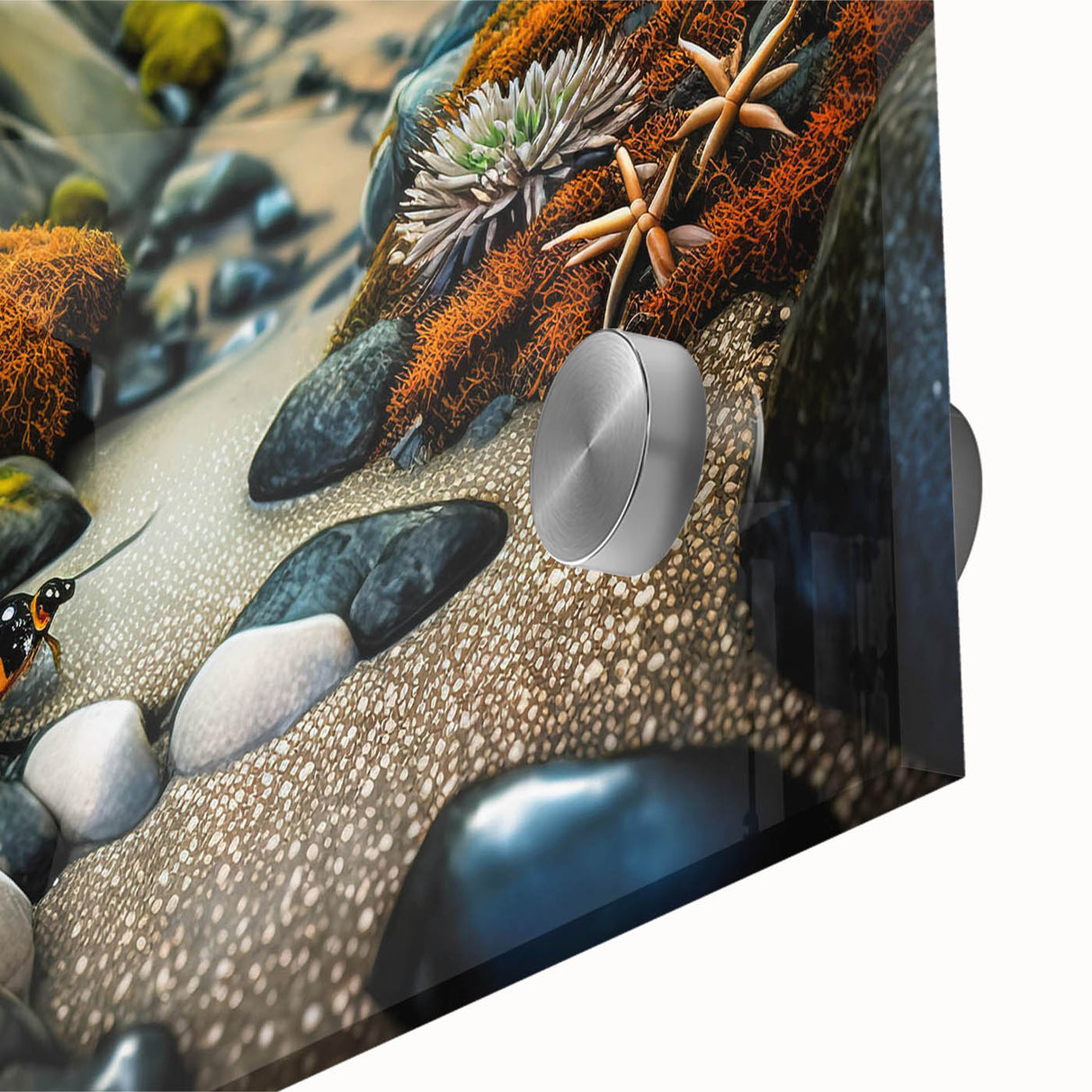 Close-up of an acrylic glass wall art piece showcasing a vibrant landscape design with colorful rocks, perfect for modern home decor. Ideal for nature lovers.