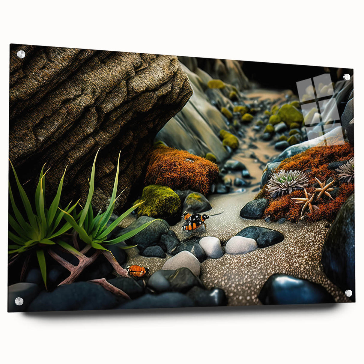 Acrylic glass wall art piece showcasing a vibrant landscape design featuring colorful rocks, displayed from a side view with decorative pins, ideal for modern decor.