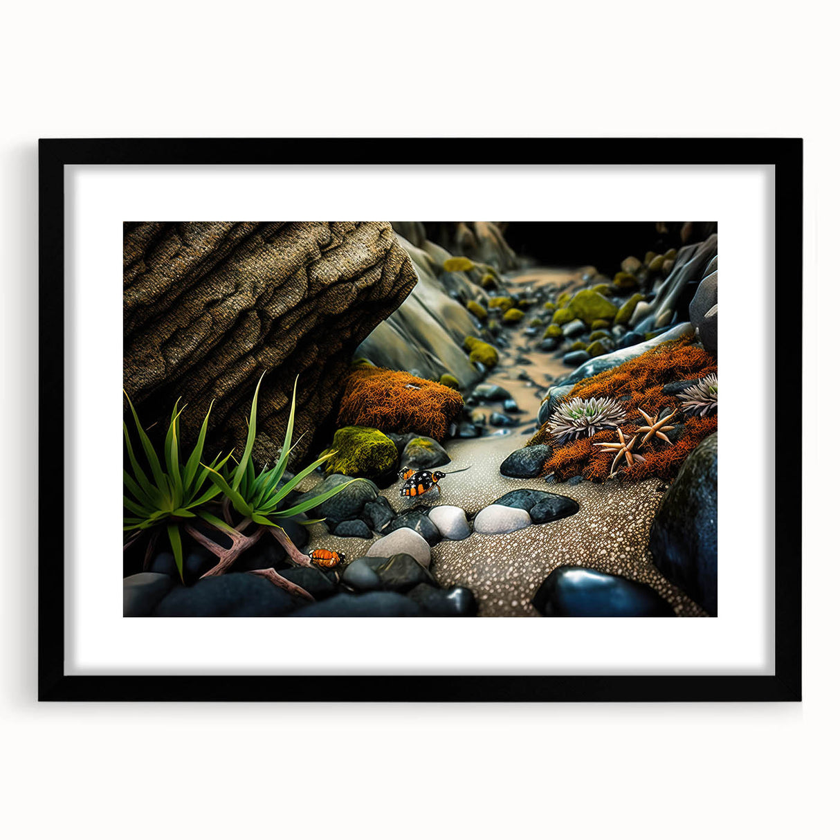 Framed wall art featuring a serene landscape of rocks, set in a sleek black frame with a white mat, perfect for modern home decor and interior design.