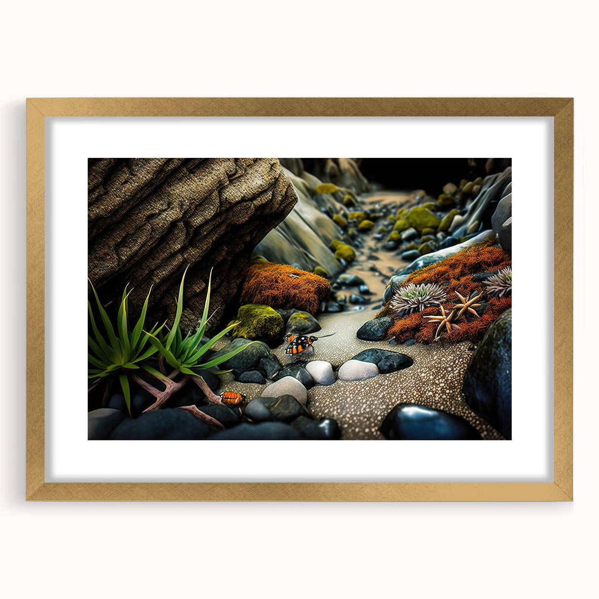 Framed gold mat wall art showcasing a serene landscape with striking rock formations, perfect for enhancing modern home decor with a touch of elegance.
