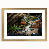 Framed gold mat wall art showcasing a serene landscape with striking rock formations, perfect for enhancing modern home decor with a touch of elegance.