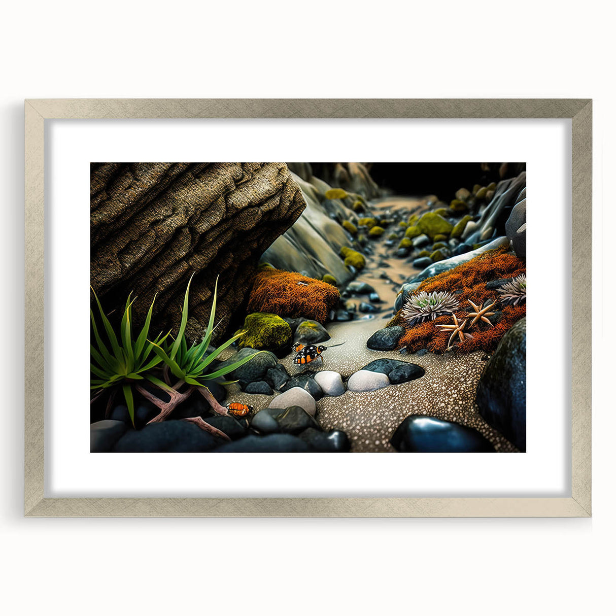Framed silver wall art showcasing a stunning landscape design with rocks, featuring a white mat for an elegant presentation, perfect for home decor.