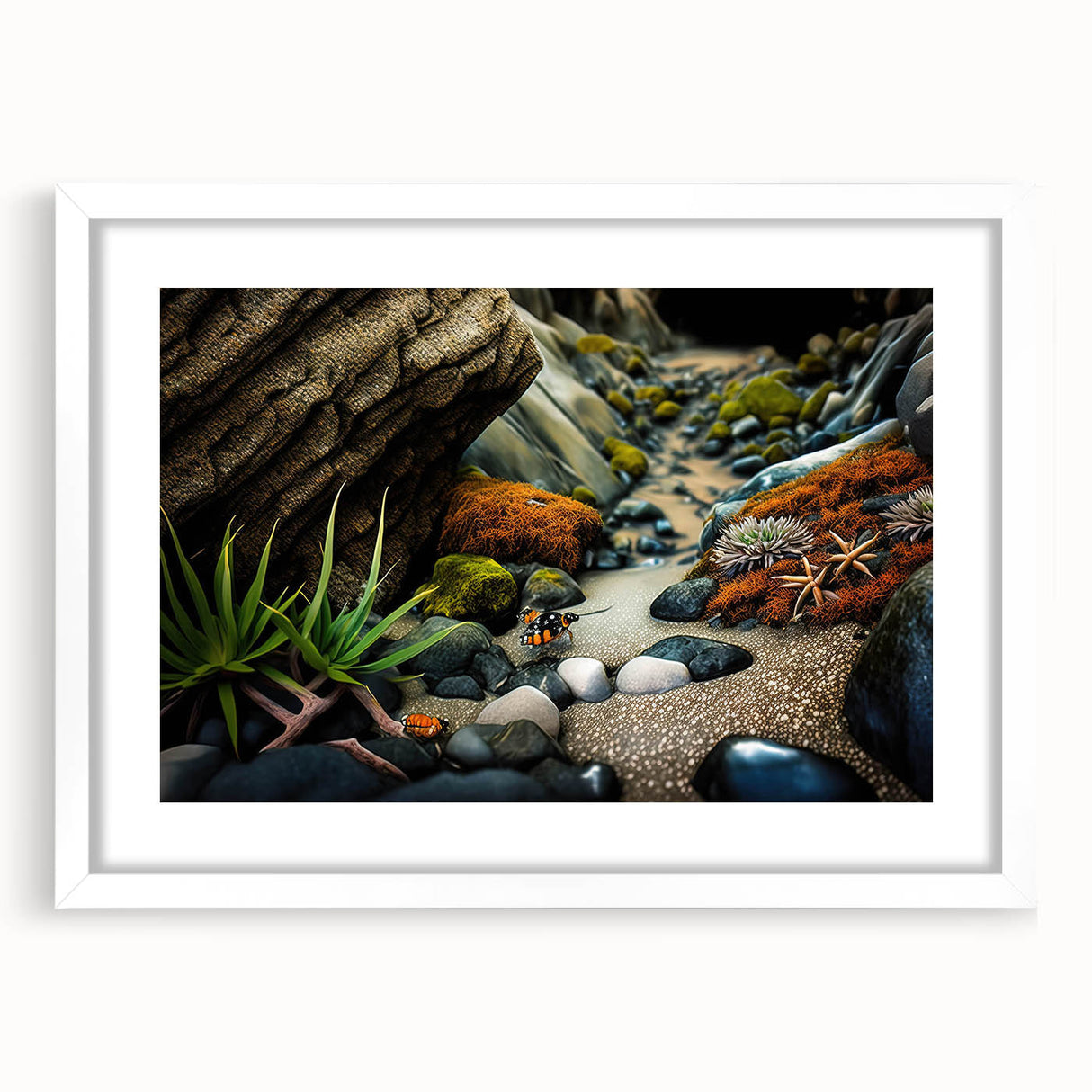 Framed wall art showcasing a serene landscape with textured rocks and soft hues, presented in a white mat, perfect for modern home decor.