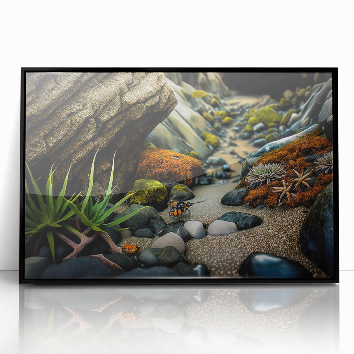 Framed black acrylic wall art showcasing a stunning landscape with textured rocks, perfect for modern home decor and enhancing interior aesthetics.