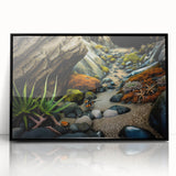 Framed black acrylic wall art showcasing a stunning landscape with textured rocks, perfect for modern home decor and enhancing interior aesthetics.