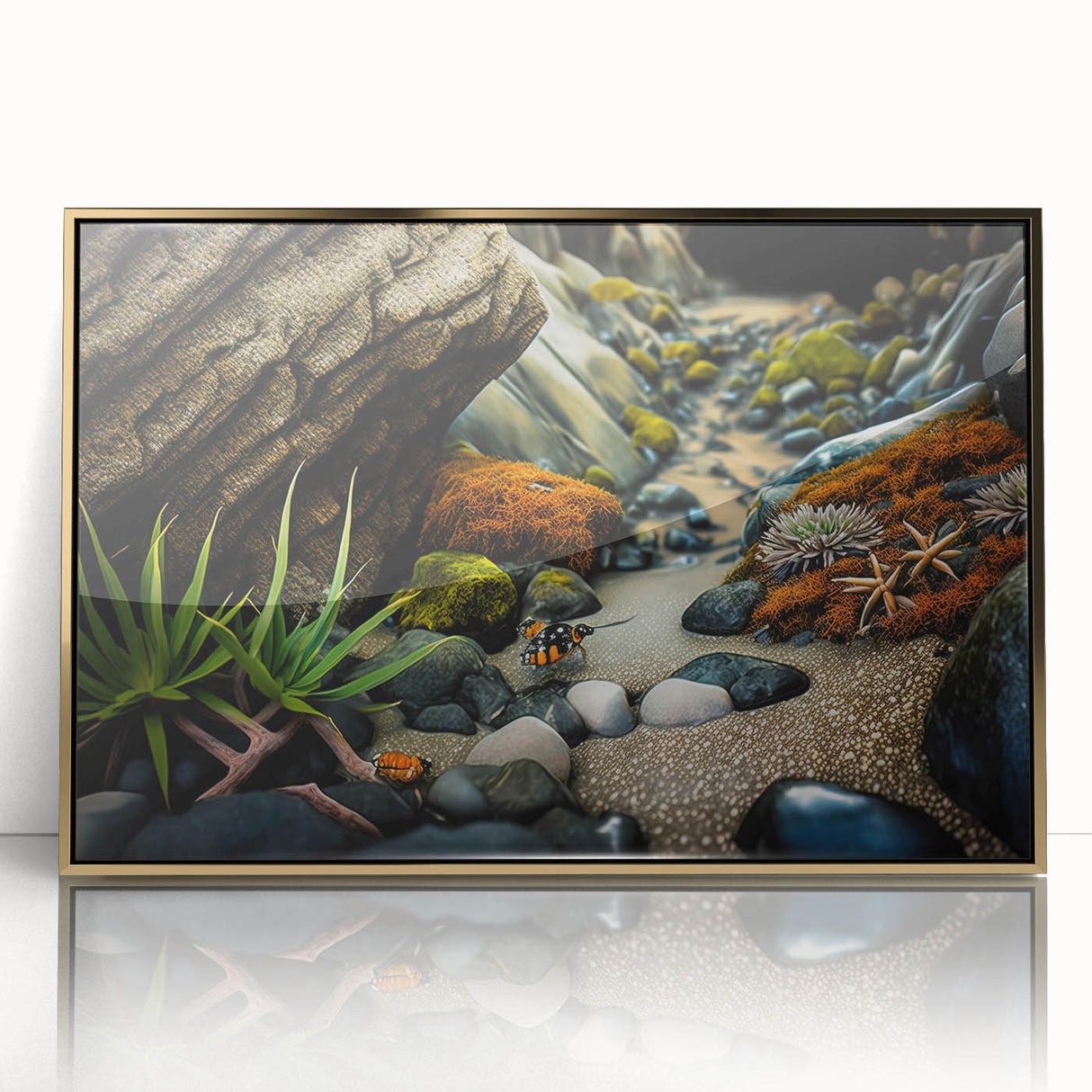 Framed acrylic wall art featuring a stunning landscape design with rocks, highlighted by a gold frame, perfect for modern home décor and artistic ambiance.