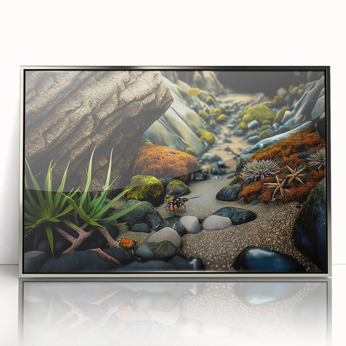 Framed acrylic wall art featuring a serene landscape with striking rock formations in silver tones, ideal for modern home decor. Perfect for enhancing any living space.