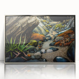 Framed acrylic wall art featuring a serene landscape with striking rock formations in silver tones, ideal for modern home decor. Perfect for enhancing any living space.