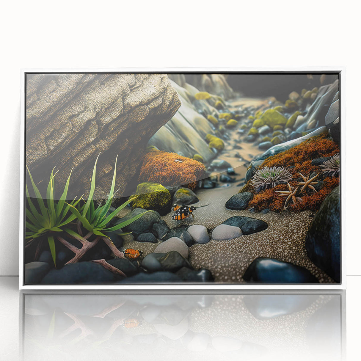 Framed acrylic wall art featuring a stunning landscape design with rocks, presented in a sleek white frame, perfect for modern home decor or office settings.
