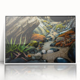 Framed acrylic wall art featuring a stunning landscape design with rocks, presented in a sleek white frame, perfect for modern home decor or office settings.