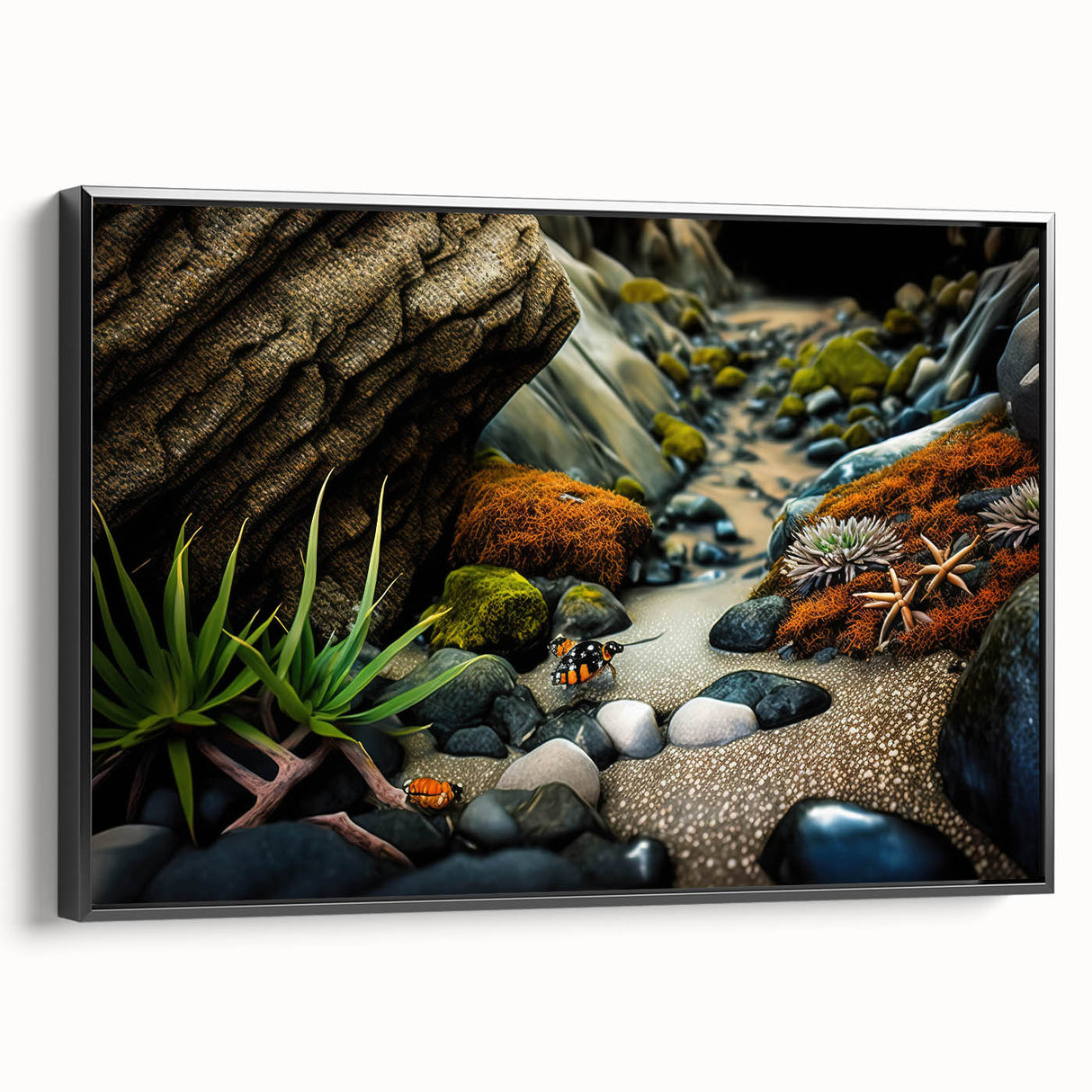 Framed canvas wall art showcasing a serene landscape with textured rocks and earthy tones, presented in a sleek black frame, ideal for modern decor.