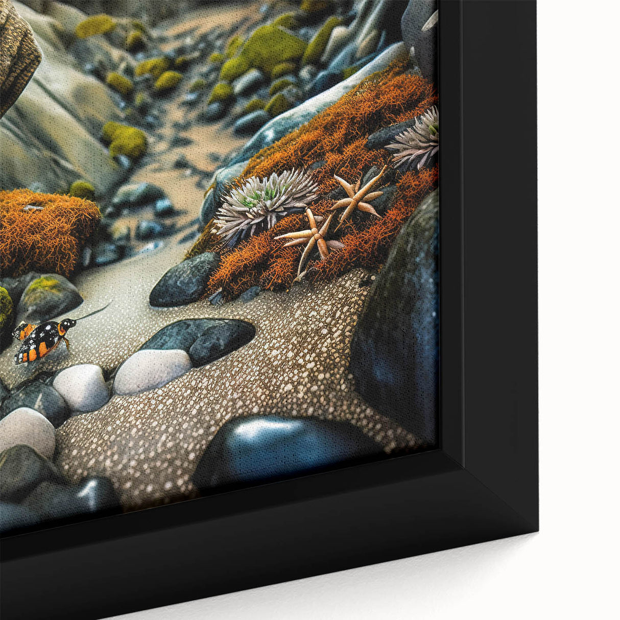 Close-up of a framed canvas wall art featuring a detailed landscape design with rocks, showcasing earthy tones and textures, perfect for home decor.