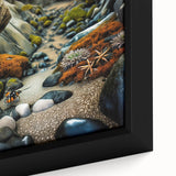 Close-up of a framed canvas wall art featuring a detailed landscape design with rocks, showcasing earthy tones and textures, perfect for home decor.