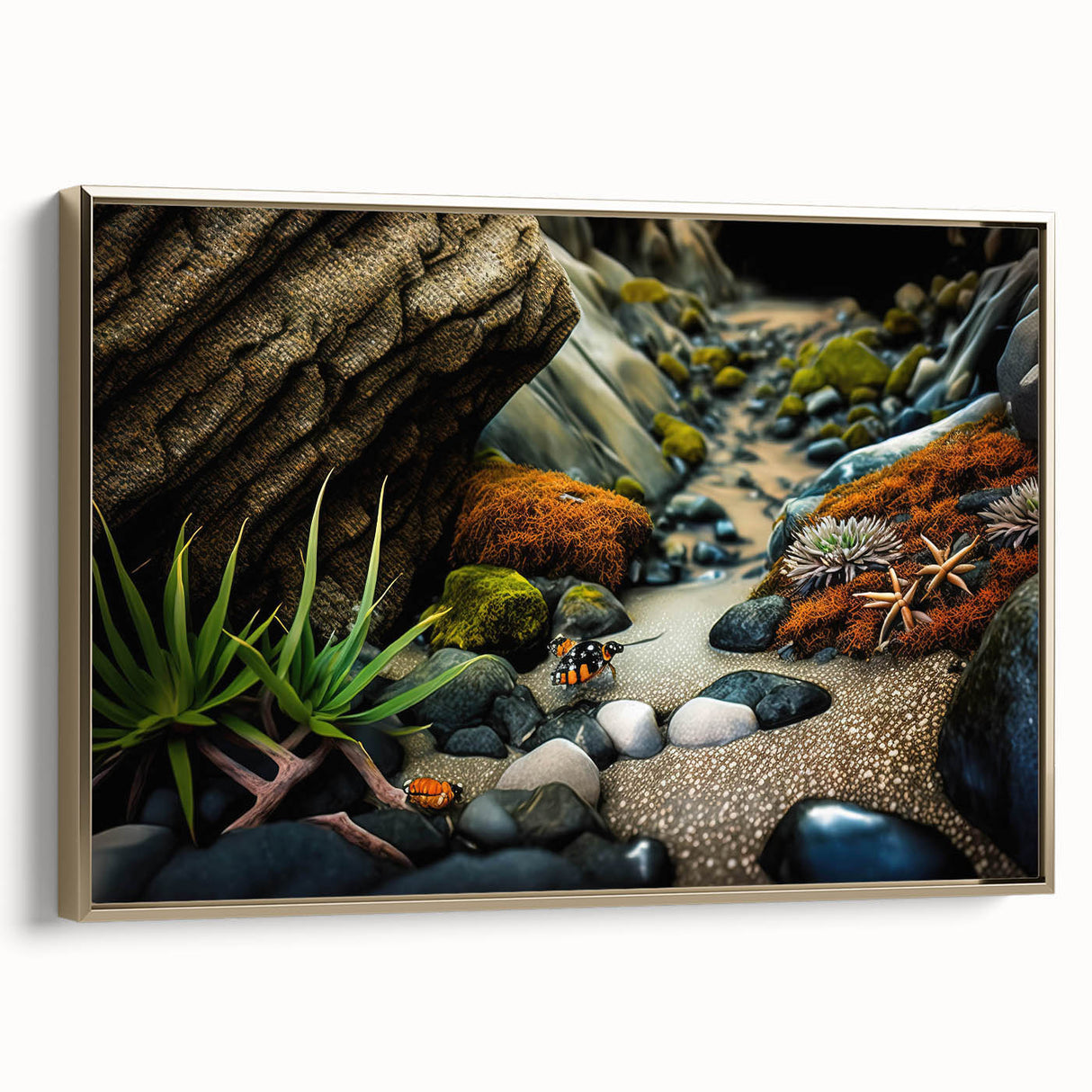 Framed canvas wall art showcasing a serene landscape with vibrant rocks and earthy tones, featuring a gold frame, perfect for modern home decor.