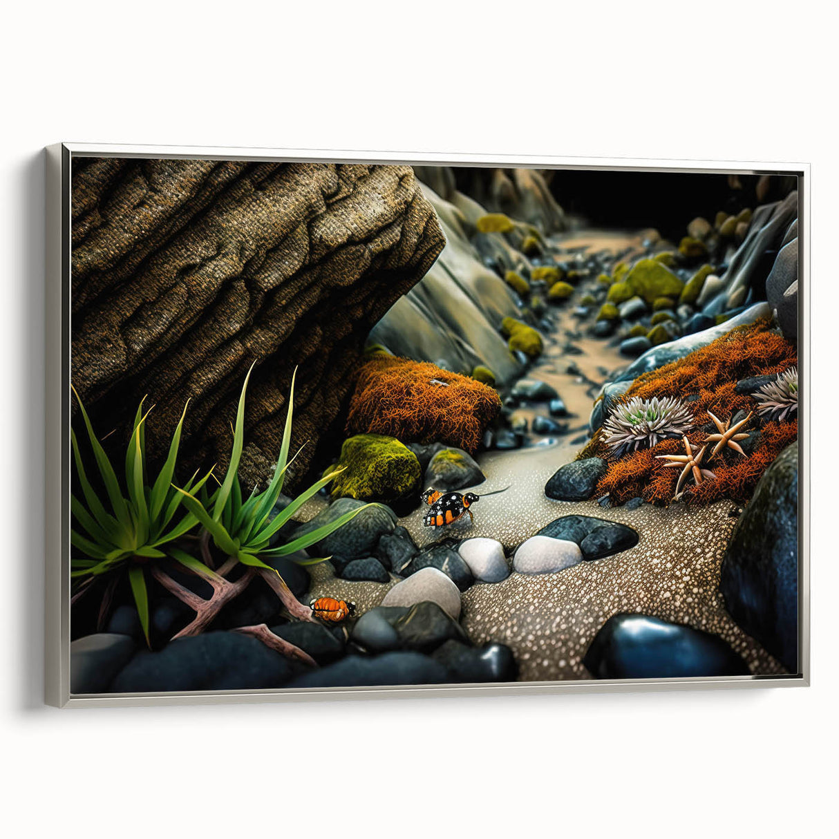 Framed canvas wall art featuring a stunning abstract landscape design with rocky formations, presented in a sleek silver frame, ideal for modern decor.