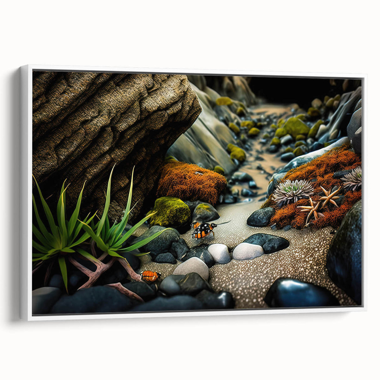 Framed canvas wall art showcasing a serene landscape with rocks and natural elements, featuring a white frame that enhances the design's elegance, perfect for home decor.