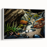 Framed canvas wall art showcasing a serene landscape with rocks and natural elements, featuring a white frame that enhances the design's elegance, perfect for home decor.