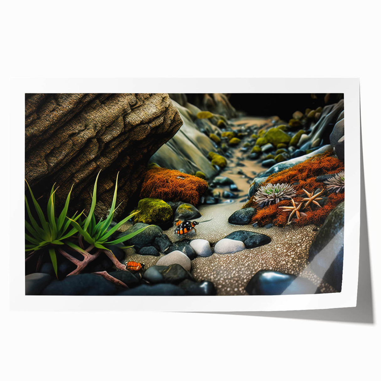 Abstract landscape wall art print showcasing vibrant colors and intricate rock formations, rolled and ready for display in a protective tube for easy handling.