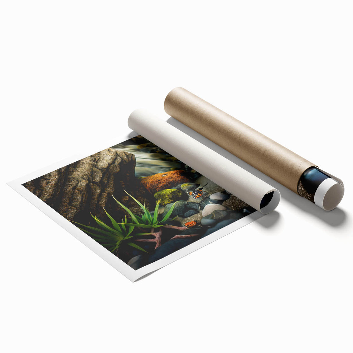 Vibrant rolled wall art print showcasing abstract landscape design with earthy rock formations in warm tones, ideal for modern home decor.
