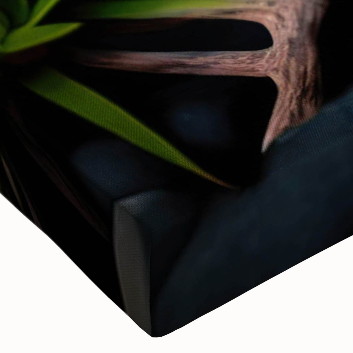 Close-up of a stretched canvas wall art featuring a vibrant landscape design with rocky formations, ideal for enhancing home decor with natural beauty.