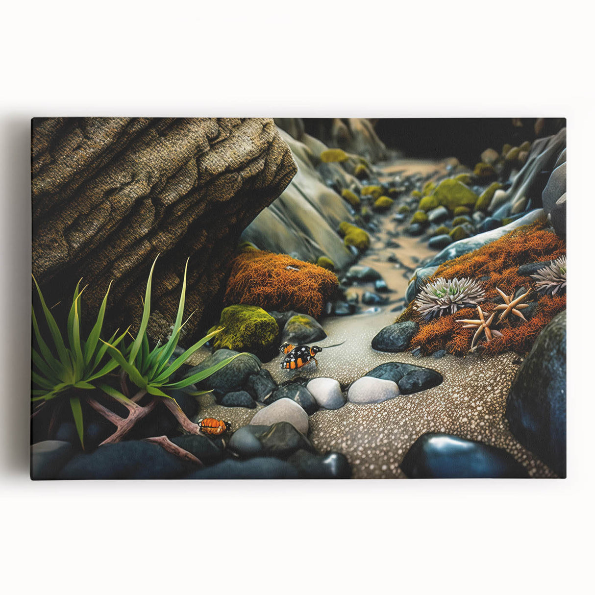 Stretched canvas wall art showcasing a vibrant abstract landscape with rocky formations, ideal for modern decor. Perfect for adding a colorful touch to living spaces.