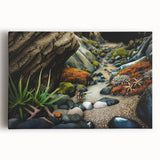 Stretched canvas wall art showcasing a vibrant abstract landscape with rocky formations, ideal for modern decor. Perfect for adding a colorful touch to living spaces.