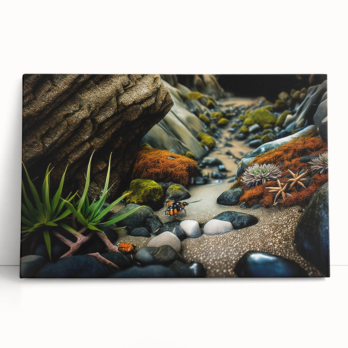 Stretched canvas wall art showcasing a serene landscape with textured rocks, perfect for modern home decor, leaning against a neutral wall background.